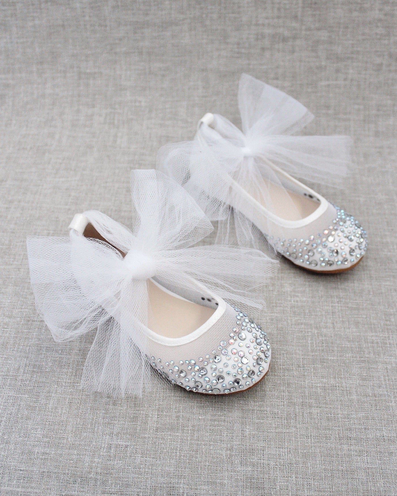 White Embellished Mesh Ballet Flats with TULLE Ankle Strap