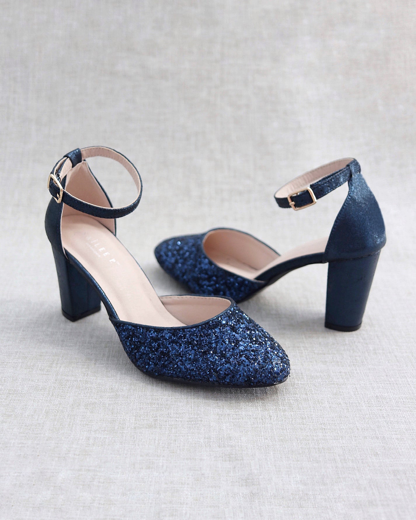 Navy Rock Glitter Block Heel with Ankle Strap Bridal Shoes