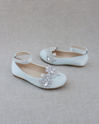 girls light blue satin flats with rhinestones applique