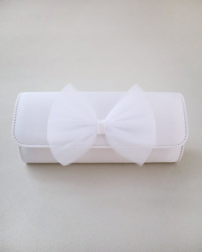 white bridal clutch with tulle bow