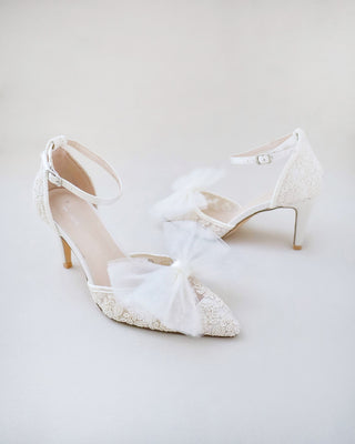 Lace Wedding Heels with Front Tulle BowWomen Shoes