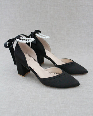 Satin Evening Block Heel with All Pearl Ankle Strap