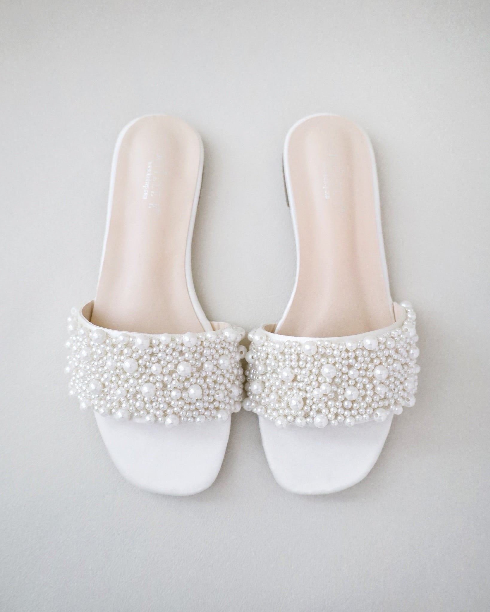 Ivory Satin Slip on Sandals with Perla Applique