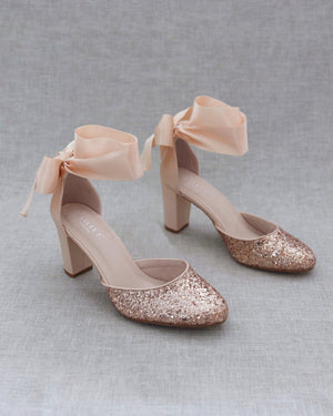 Rock Glitter Block Heel with Blush Wrapped Satin Tie