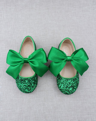 Green Rock Glitter Mary Jane Ballet Flats with Satin Bow