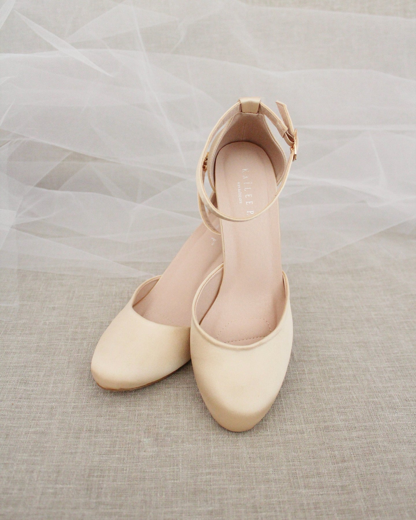 Champagne Satin Block Heel with Ankle Strap - Wedding Shoes, Bridesmaids Shoes, Bridal Shoes