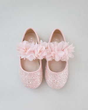 Rock Glitter Mary Jane Flats with Chiffon Flowers