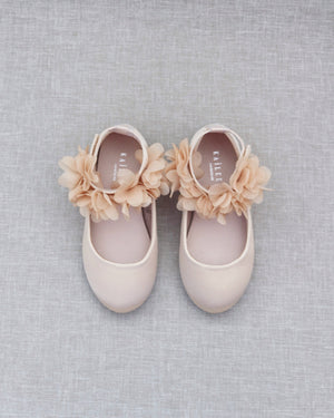 Satin Flats with Chiffon Flowers Ankle Strap