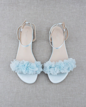 Satin Flat Sandal with Chiffon Flowers and Ankle Strap