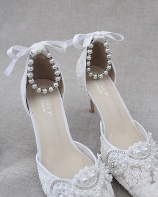 White Crochet Lace Pointy Toe HEELS with Small Pearls AppliqueWomen Shoes