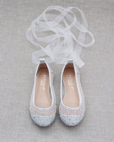 Silver Rhinestone Mesh Kids Flats with Ballerina Laces