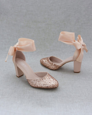 Rock Glitter Block Heel with Blush Wrapped Satin Tie
