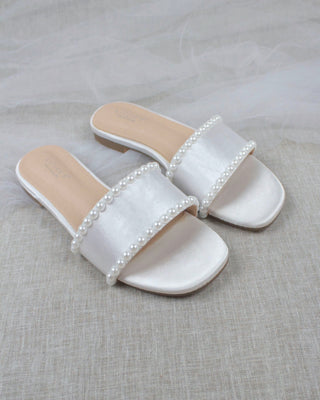 White Satin Slip on Sandals with Pearls