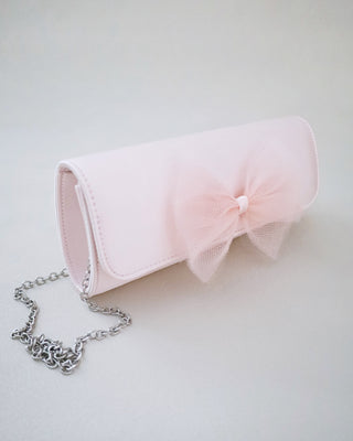 dusty pink satin wedding clutch with tulle bow