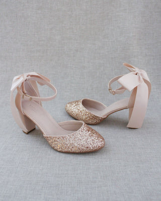Rock Glitter Block Heel with Blush Satin Back Bow