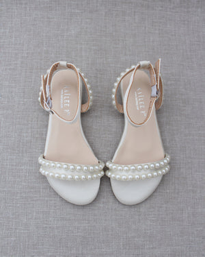 Girls Satin Flat Sandal with Pearls and Ankle Strap