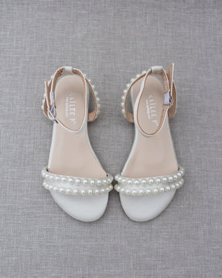Satin Flat Sandal with Pearls and Ankle Strap