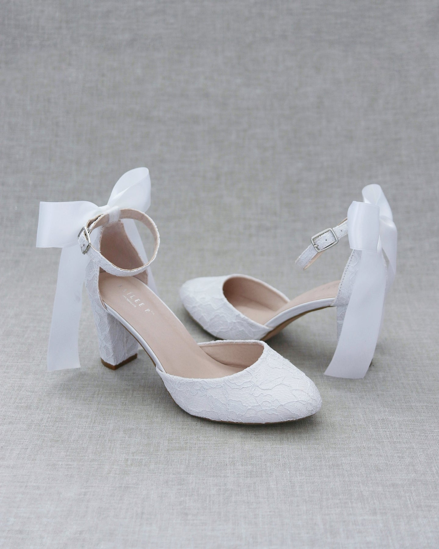 White Lace Block Heel with Satin Back Bow- Lace Shoes, White Heels, Wedding  Shoes