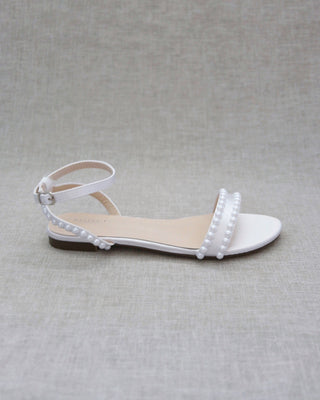 Satin Flat Sandal with Pearls and Ankle Strap