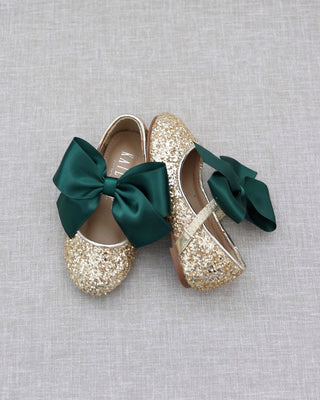 Rock Glitter Mary Jane Flats with Hunter Green Satin BowKids Shoes
