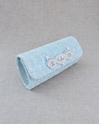 light blue crochet lace bridal clutch with pearls