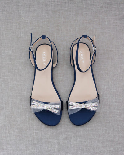 Navy Blue Satin Women Sandals with Rhinestone Bow