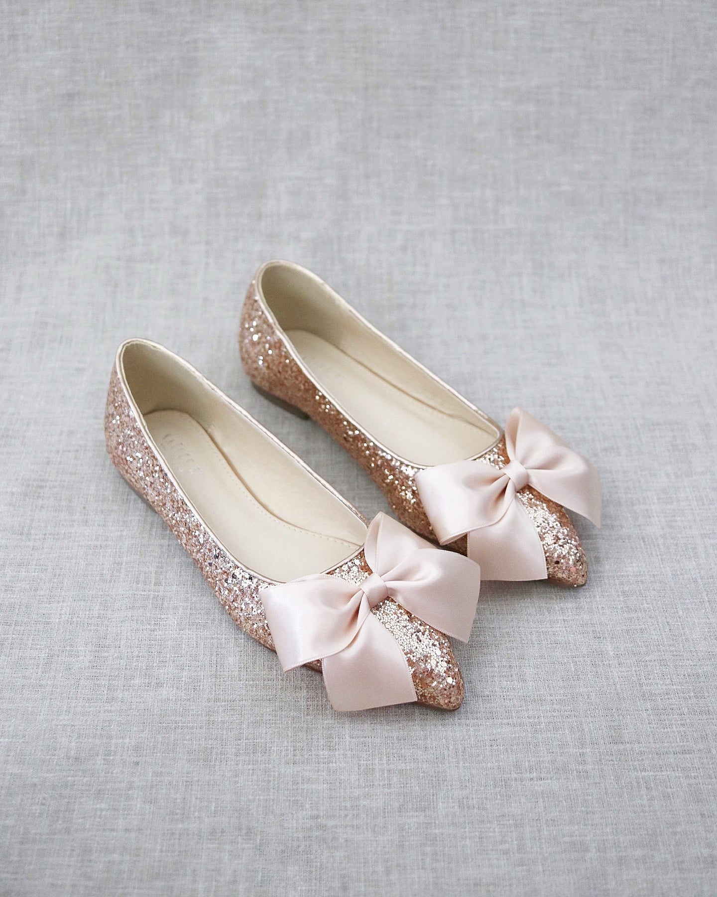 Rose Gold Pointy Toe Glitter Flats with Bow Bridal Shoes Prom Shoes