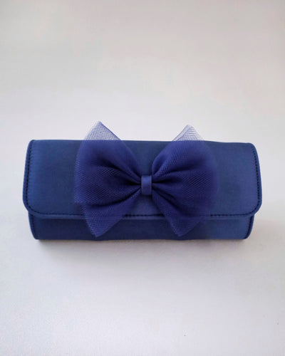 navy satin wedding clutch with tulle bow