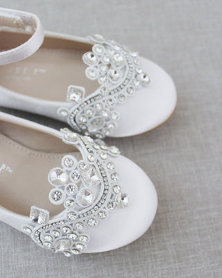 girls white satin flats with rhinestones applique