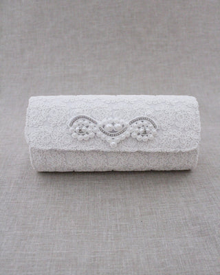 white crochet lace bridal clutch