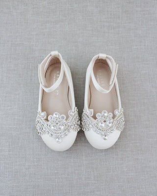 girls ivory satin flats with rhinestones applique