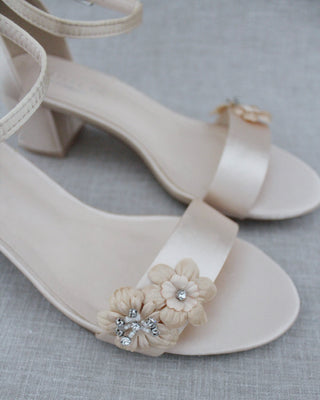 Satin Block Heel Evening Sandals with Flowers AppliqueWomen Shoes