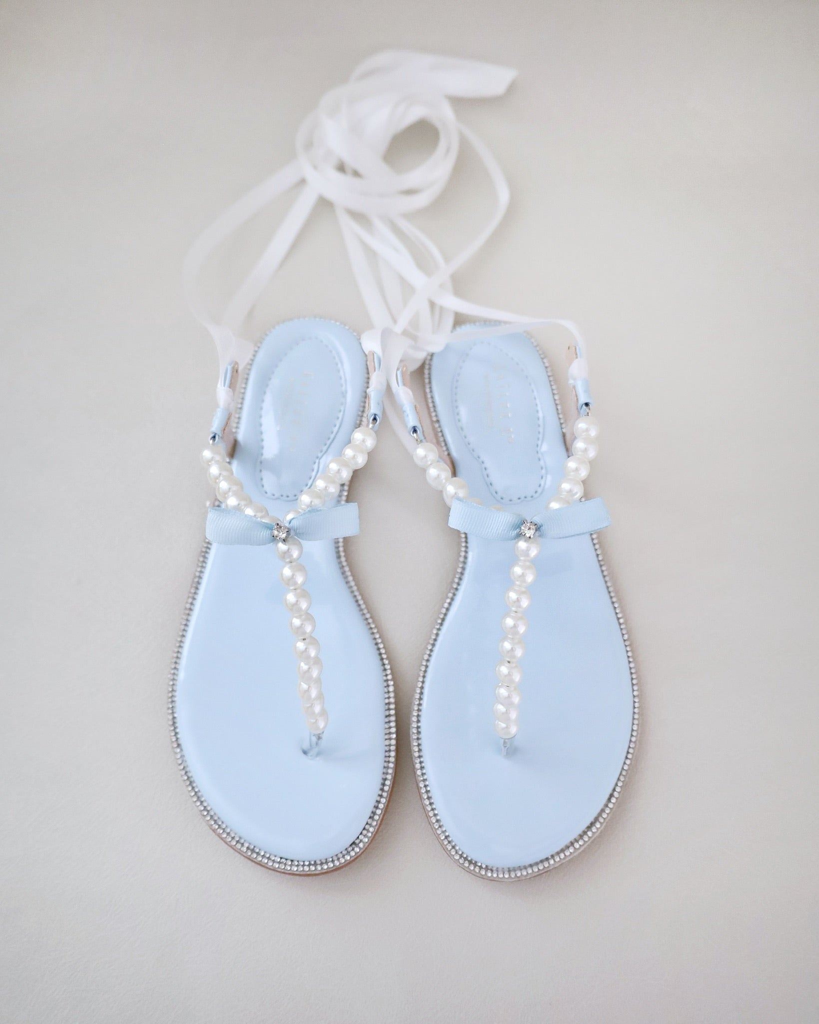T Strap Pearls Wedding Flat Sandals with Satin Ankle Strap Bridal Flat