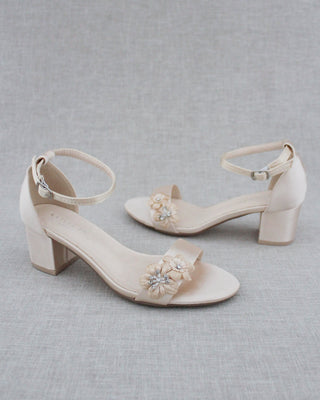 Satin Block Heel Evening Sandals with Flowers AppliqueWomen Shoes
