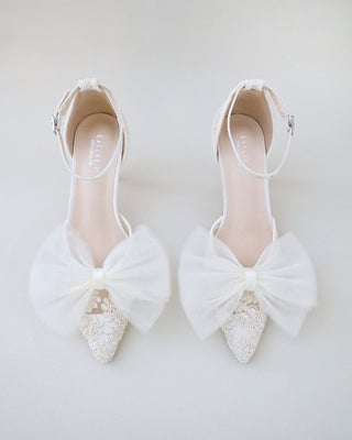 Lace Wedding Heels with Front Tulle BowWomen Shoes