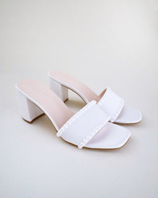 White Satin Block Heels Slide Wedding Sandals with Pearls