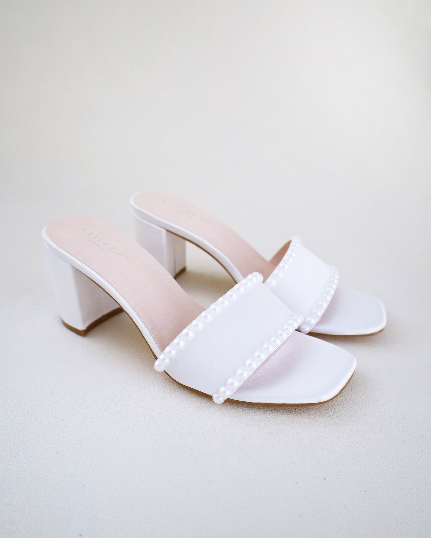 Satin Block Heels Slide Wedding Sandals with Pearls, Bridal Sandals ...