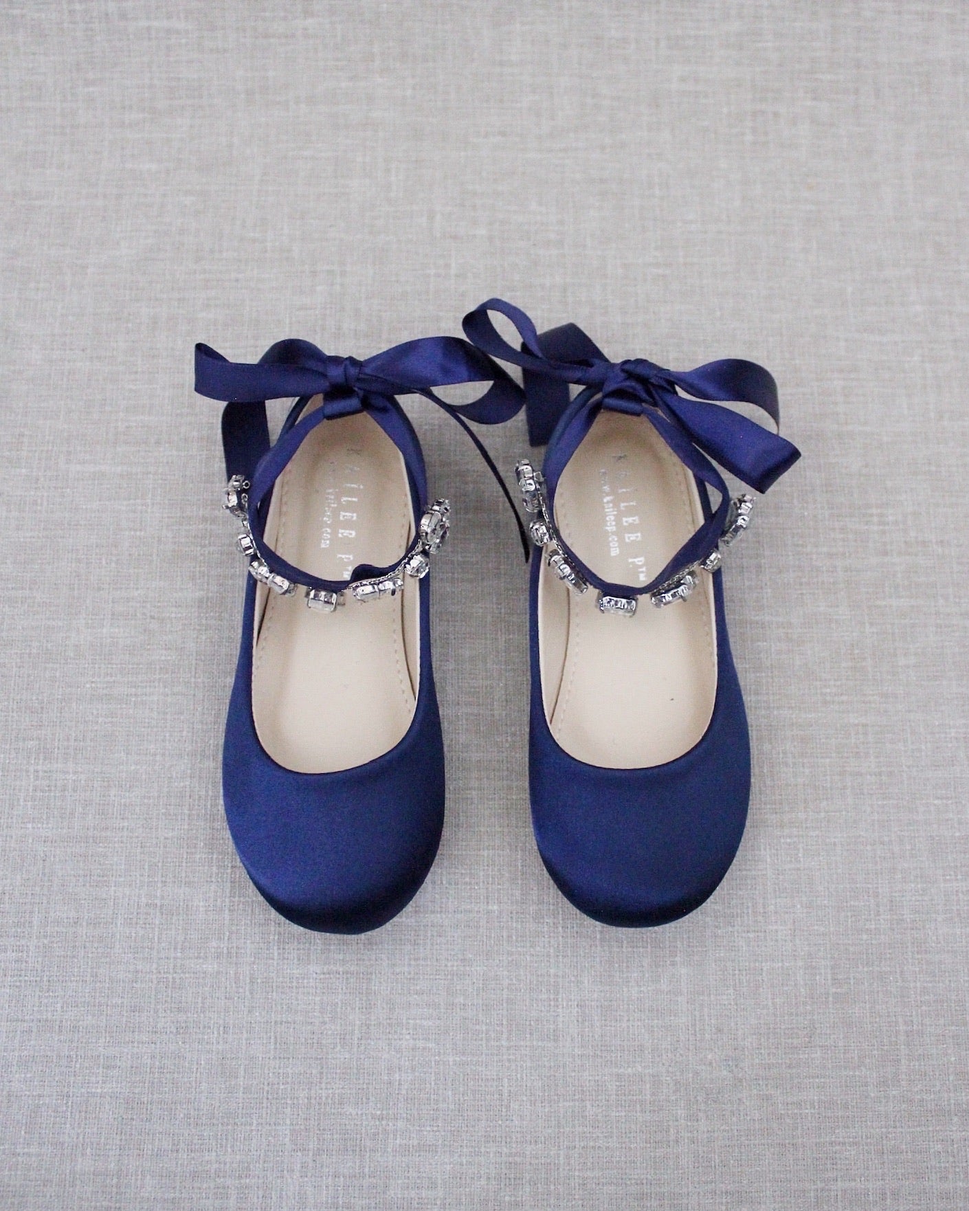Navy Satin Flower Girls Ballet Flats with Navette Cluster Rhinestones Navy Satin Flower Girls Ballet Flats with Navette Cluster Rhinestones