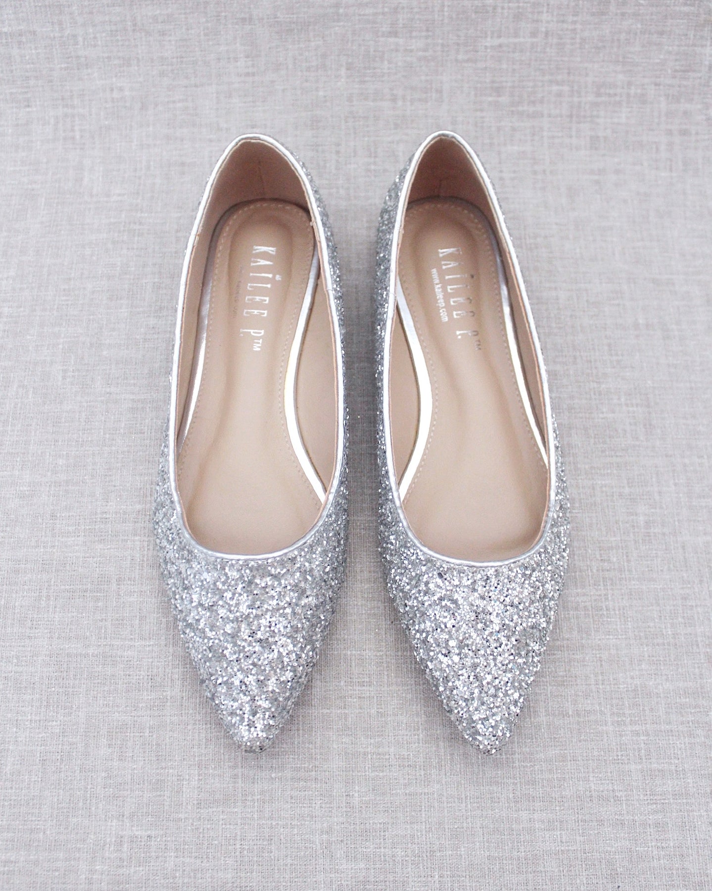 Silver Pointy Toe Glitter Flats Bridal Shoes Bridesmaids Shoes