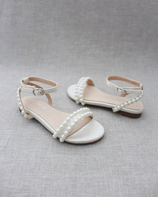 Satin Flat Sandal with Pearls and Ankle Strap