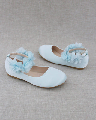 Satin Flats with Chiffon Flowers Ankle Strap