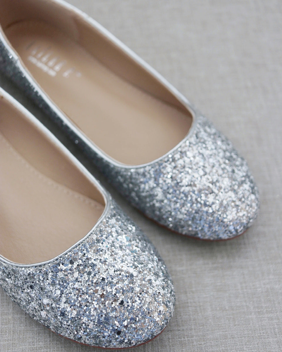 Silver Glitter Round Toe Flats with Bow Wedding Shoes Bridesmaid