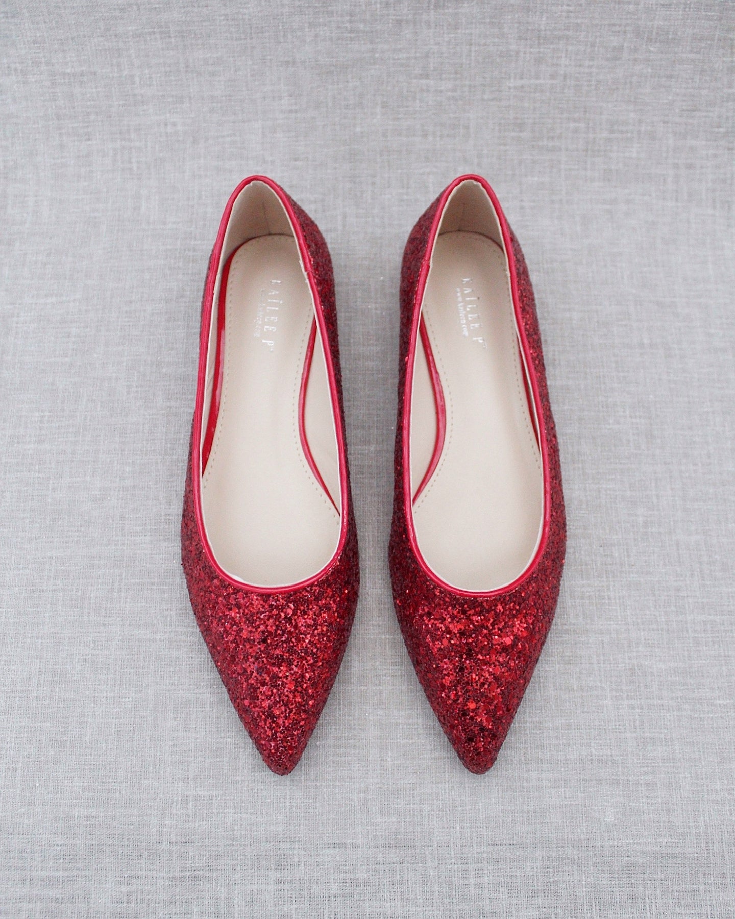 Red Pointy Glitter Flats, Bridesmaids Shoes
