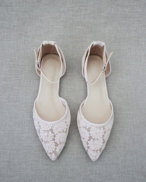Crochet Lace Pointy Toe Flats with Ankle Strap