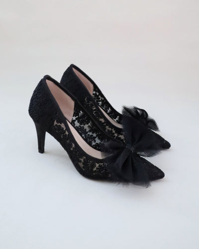black crochet wedding heels with tulle bow