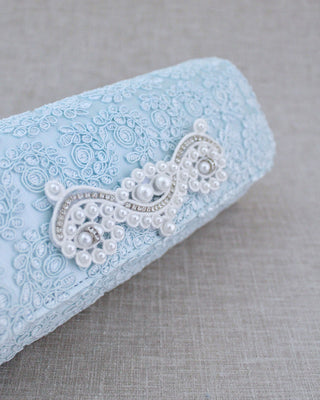 light blue crochet lace bridal clutch with pearls