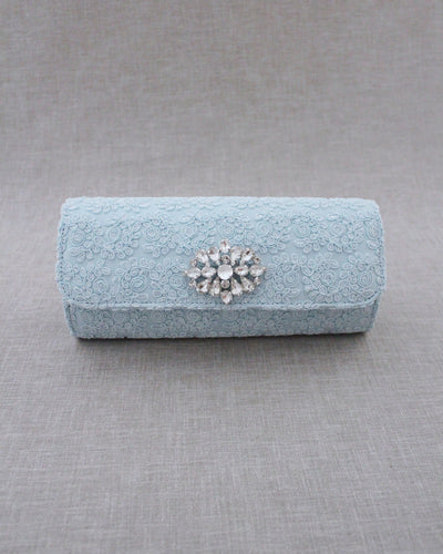 light blue crochet lace evening clutch
