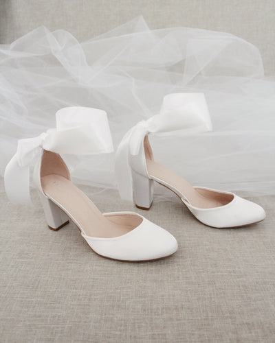 White Satin Block Heels with Wrapped Tie