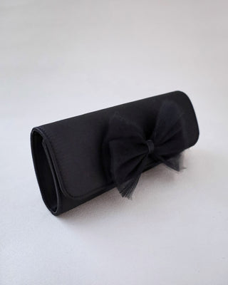 black satin wedding clutch with tulle bow