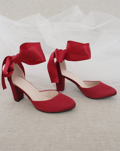 Burgundy Red Satin Block Heels with Wrapped Tie